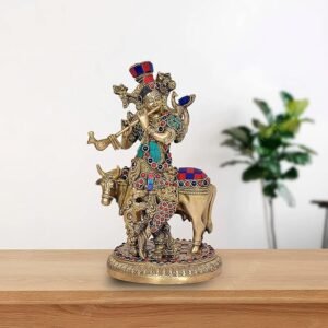 Krishna Idol  Playing Flute On Kamdhenu Cow