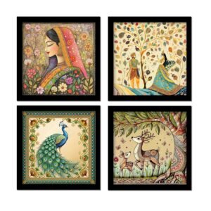 Madhubani Art Framed Painting For Home, Living Room, Hall | Traditional Rajasthani Pichwai Art Paitnings With Frame For Home Decor (Set Of 4)